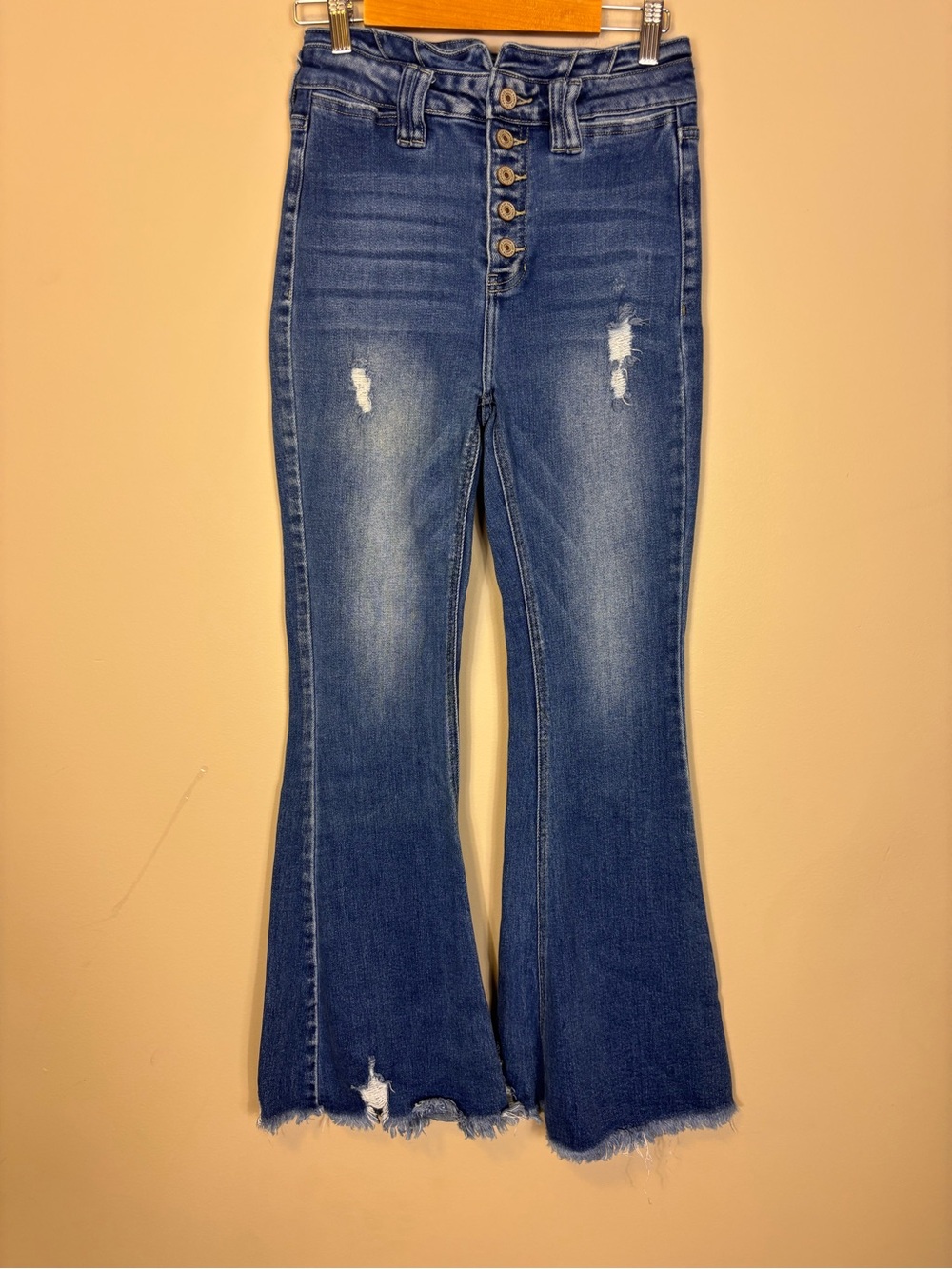 KanCan Womens High-Rise Button-Front Flare Jeans Blue Distressed Size 26
